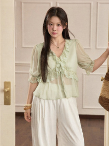 JULULOOK | Áo Sơ Mi Cổ V Dài Tay Mid-sleeve Viền Ren Plus Size