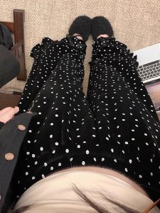 Black Velvet Polka Dot Floral Print Fleece Lined Wide Leg Pants Womens Autumn Winter Thickened Lace Hem Casual Trousers