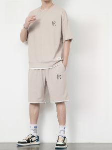 ROMON | Lormen Mens Ice Silk Thin Short Sleeve T-shirt Summer Casual Sportswear Set With Shorts Fashionable Urban Loose Fit Round Neck