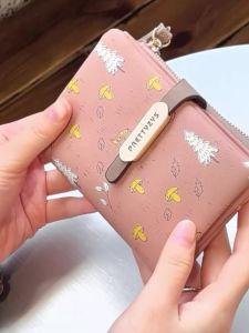 Korean Style Short PU Leather Wallet for Students Cute Cartoon Personality Popular Handheld Coin And Bill Purse Womens Bag