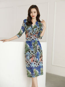 Colorful Oil Painting Stretch Mesh Elegant Pullover Lace-up Waist-Controlled Slimming Hip Wrap Dress