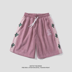 Whxs Trendy Distressed Embroider Cactus Parka Shorts Men and Women Japanese Loose Straight-leg Sports Summer Casual