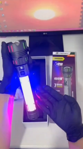 PROBEST Lampu Senter Tangan LED Laser 400Watt w watt RGB Zoom in Out SOS Flashlight PREMIUM Ori Kualitas Super Bagus cas charger flash light proyek besar portable darurat gantung meja indoor outdoor waterproof tahan air hiking camping mancing berburu