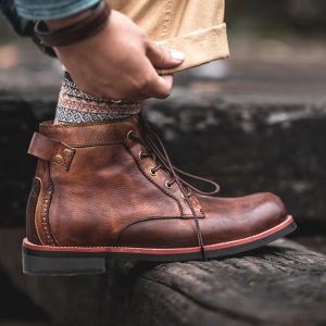 ORNGMALL Handmade Leather Men Boots Retro Ankle Boots Autumn Winter Punk Street Style Motorcycle Boots Men High Top Lace-Up Boots Chunky Botines Plus Size 38-48