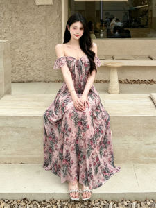 Vintage French Oils Painting Floral Off-shoulder Slim Fitting Summer Maxi Dress for Women