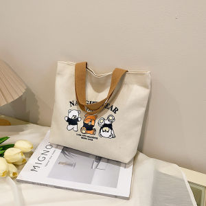 Portable Small Bear Canvas Bag Womens Student Handbag Lunch Box Bag Handheld Tote Bag Gift Bag Fashionable Soft Canvas Purse