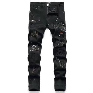 Quần Jeans Denim Nam Ống Thẳng Ôm Vừa Màu Đen Thêu Xếp Ly Thường Ngày Quần Dài Mùa Xuân Thu Đông