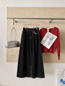 Dark American Wide Leg Denim Jeans Womens Loose Straight Drapey Lazy Pear Shaped Floor Length Pants High Waist No Stretch