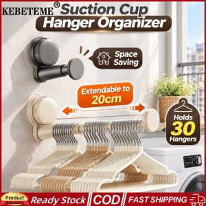 KEBETEME Telescopic Suction Cup Hanger Organizer Wall Mount Clothes Hanger Storage Rack Extendable Up To 20cm Hold 30 Hangers No Drill Space Saving Laundry Bathroom Closet Storage Holder