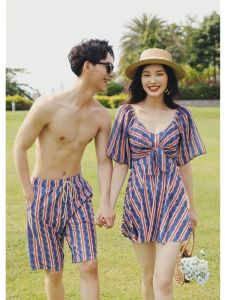 2025 New Couple Swimsuits Women Summer Stripe Conservative Belly Covering One-Piece Dress Style Swimming Hot Springs Men Swimsuit