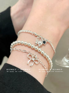 Double Layer Butterfly Knot Pearl Bracelet Womens Elegant Versatile Luxury Stackable Hand Chain Accessory New 2025