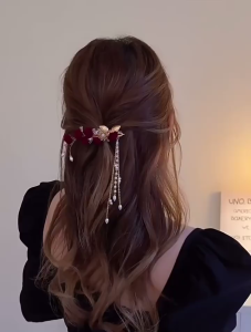 YADORNOS Jepit Rambut Bunga Wanita-Jepit Rambut Rumbai Mutiara Merah Retro-Aksesori Bunga Beludru-Aksesori Rambut