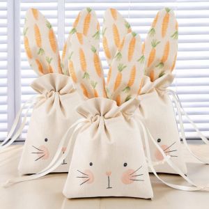 Adorable Easter Bunny Treat Bag Unique Personalized Reusable Linen Drawstring Present Bags Snack Candies Beige Drawstring Bags