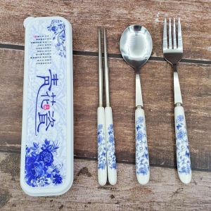 Blue and White Porcelain Tableware Suit Stainless Steel Ceramic Chopsticks Spoon Fork Three-Piece Set Chinese Ancient Style Ins Tableware Storage Box