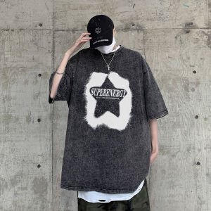 Purple Pentagram T-Shirt Summer Washed Distressed Short Sleeve Oversize Trendy Heavy Weight 230G Half Sleeve Men