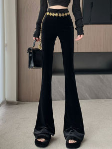 กางเกงขายาวทรงหลวมเอวสูงผ้ากำมะหยี่สีดำ ดีไซน์กระดูกไหปลาร้า แฟชั่นฤดูใบไม้ร่วง/ฤดูหนาว กางเกงขายาวลำลองสำหรับผู้หญิง