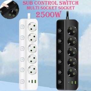 EU Plug Electrical Socket 3/5 AC Outlets+2 USB+1Type C 8-in-1 Adapter Multitap Fast Charging Power Strip With 2M Extension Cord