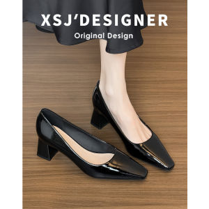 LIQIXIEFANG | Faux Patent Leather Square Toe Black High Heels Coarse Mid Heel Dress Shoes