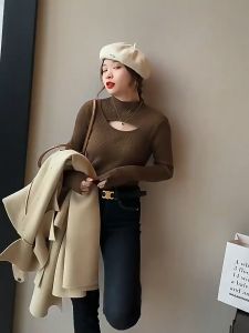 Áo len dài tay nữ khoét ngực nữ cổ lọ dáng ôm dệt kim len gân dày dặn phong cách trẻ trung sang chảnh 503