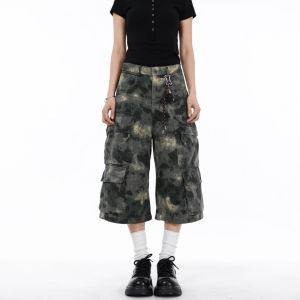 Free Sonata American Retro Camouflage Multi-Pocket Workwear Seven-Foot Pants Straight Leg Wide Leg Shorts for Men And Women