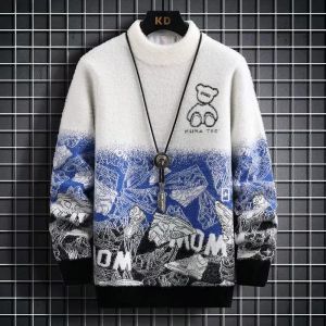 ROMON | Lormen Mens Mink Velvet Knitted Sweater Gradient Half High Collar Winter Fashion Casual Loose Fit Long Sleeve Base Shirt