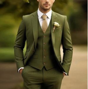 Green Mens Suits Casual 3 Pieces Slim Fit Notch/Peak Lapel Formal Wedding Groom Wear Blazer Tuxedos for Party(Blazer+Pants+Vest)