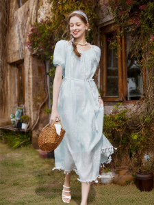 XIANGYING | Summer New Style Bubble Sleeve Fitted Mid-Length Dress