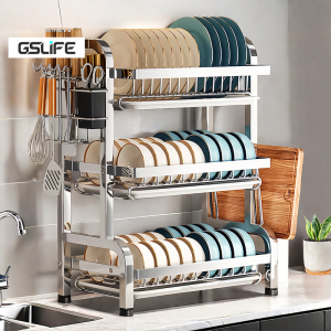GSlife 2/3 Tier Stainless Steel Dish Rack with Drainer | Countertop Plate Bowl & Kitchen Tool Organizer
