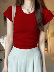 HUOLISI | Chic Red Knitted Short Sleeve T-Shirt