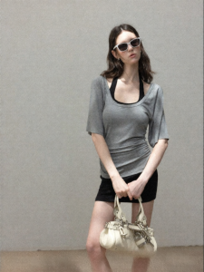 Cantonstory | Gray U-neck Waist-cinched T-shirt A-line Skirt Set