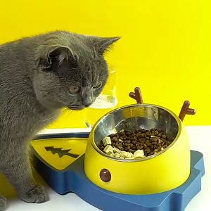 THPET ชามอาหารแมว ชามอาหารสตัว์เลี้ยงคู่พร้อมที่ใส่น้ำอัตโนมัติลายกวาง 3สี น่ารักก เหมาะสำหรับ แมวและสุนัข กันมด