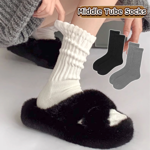 MaxPlus Women Sock Japanese Style Retro Thick Thread Solid Color Middle Tube Socks