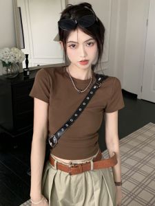 Fashionable Coffee Color Short Sleeve T-Shirt for Women Summer Stylish Round Neck Slim Fit Slimming Short Top Versatile