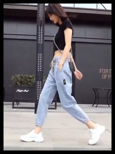 OECE 2023 Korean Style Womens Loose Jeans Elastic Waist Drawstring Nine-point Harem Pants Denim Fabric