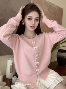 GUZILIAN | Korean Style Sweet Butterfly Knot Pearl Button Knitted Open Cardigan Autumn Winter Design Pink Round Neck Pull Over Top