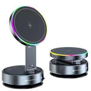 15W Wireless Charging Car Phone Holder  with RGB Light Dashboard Vacuum Suction Holder360 degree rotation for iPhone Samsung