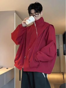 แจ็คเก็ตกันน้ำกันฝนสำหรับผู้ชาย แจ็คเก็ตทรงหลวม แขนยาว ปกติ ฤดูใบไม้ร่วง 2024 แจ็คเก็ตกันฝนสำหรับผู้ชาย สีแดง