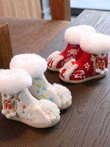 Winter Thickened Girls Han Chinese Costume Shoes with New Year Clothes Girls Shoes Chinese Style Red Childrens Embroidered Shoes Insulated Cotton-Padded Shoes