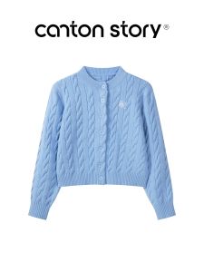 Cantonstory | Áo Sweater Tròn Cổ Thêu Xanh Dây Cáp