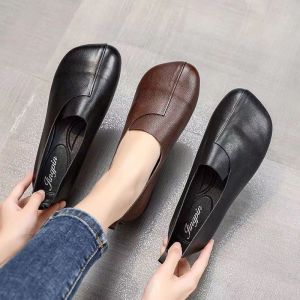Leather Flat Single Shoe Top Layer Calfskin Soft Leather Soft Sole One Foot Beanie Shoes Casual Mom Shoes