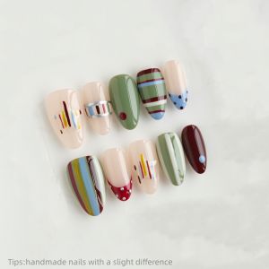 10pcs Handmade Multi-Color Hand-Painted Stripe Press on Nails Almond Full Cover Wearable Reusable Trendy False Nails 2026