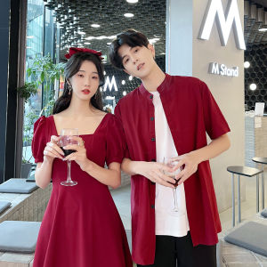 French Style Couple Matching Long Red Dress with Stand Collar for Wedding Banquet Mens Shirt Elegant Summer Fashion