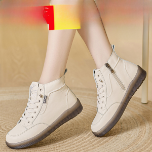 Fashionable Martin Boots Womens High Tops Leather Flat Bottom Casual Shoes Soft Rubber Sole Spring 2025 round Toe Anti-Slip