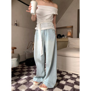 กางเกงยีนส์ทรงหลวมเอวสูงสำหรับผู้หญิง กางเกงขายาวทรงขากว้างสีอ่อน ทรงสลิมฟิต ทรงลำลอง ฤดูร้อน 2025