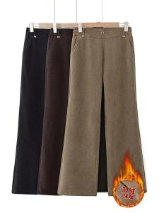กางเกงขายาวทรงตรงผ้าคอตตอนผสมขนแกะหนาสำหรับผู้หญิง ทรงหลวม ทรงตรง เอวสูง ป้องกันลมหนาว ฤดูใบไม้ร่วง/ฤดูหนาว