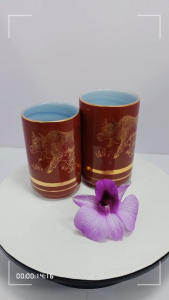 [ Woosilver ] Bộ Ly Gốm Sứ Secondhand – Họa Tiết Trâu Vàng Bình An & No Đủ – BGS77