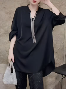 UYFY | เสื้อเชิ้ตแขนยาวป้องกันแสงแดดคอวีสีดำขนาดใหญ่ฤดูใบไม้ร่วงใหม่สำหรับผู้หญิงไซส์ใหญ่ เสื้อเชิ้ตทรงหลวมๆ ทรงเข้ารูป