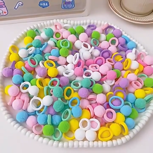 100Pcs Kids Elastic Hair Bands Candy Colorful Fluffy Plush Ball Rubber Bands Cute Soft Hair Ties No Hurt Scalp Hair Accessories