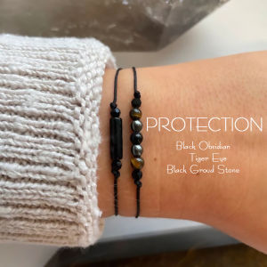 Triple Protection Drawstring Bracelet Empath Protection Set Black Obsidian Gifts for Her or Him without card 1set(2pcs)