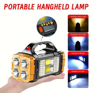 Solar Rechargeable Flashlight High Lumen Portable Work Light 4 Modes Power Bank Camping Emergency Light w/COB Side Lamp Outdoor